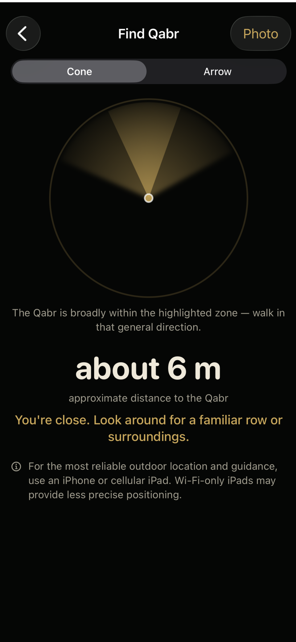 Find Qabr guidance: the direction cone and the approximate distance to the Qabr