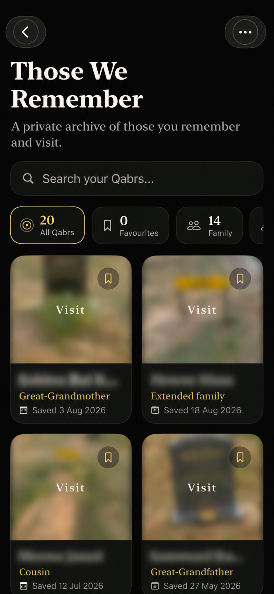 Those We Remember: the private archive of saved Qabrs, with search and filters