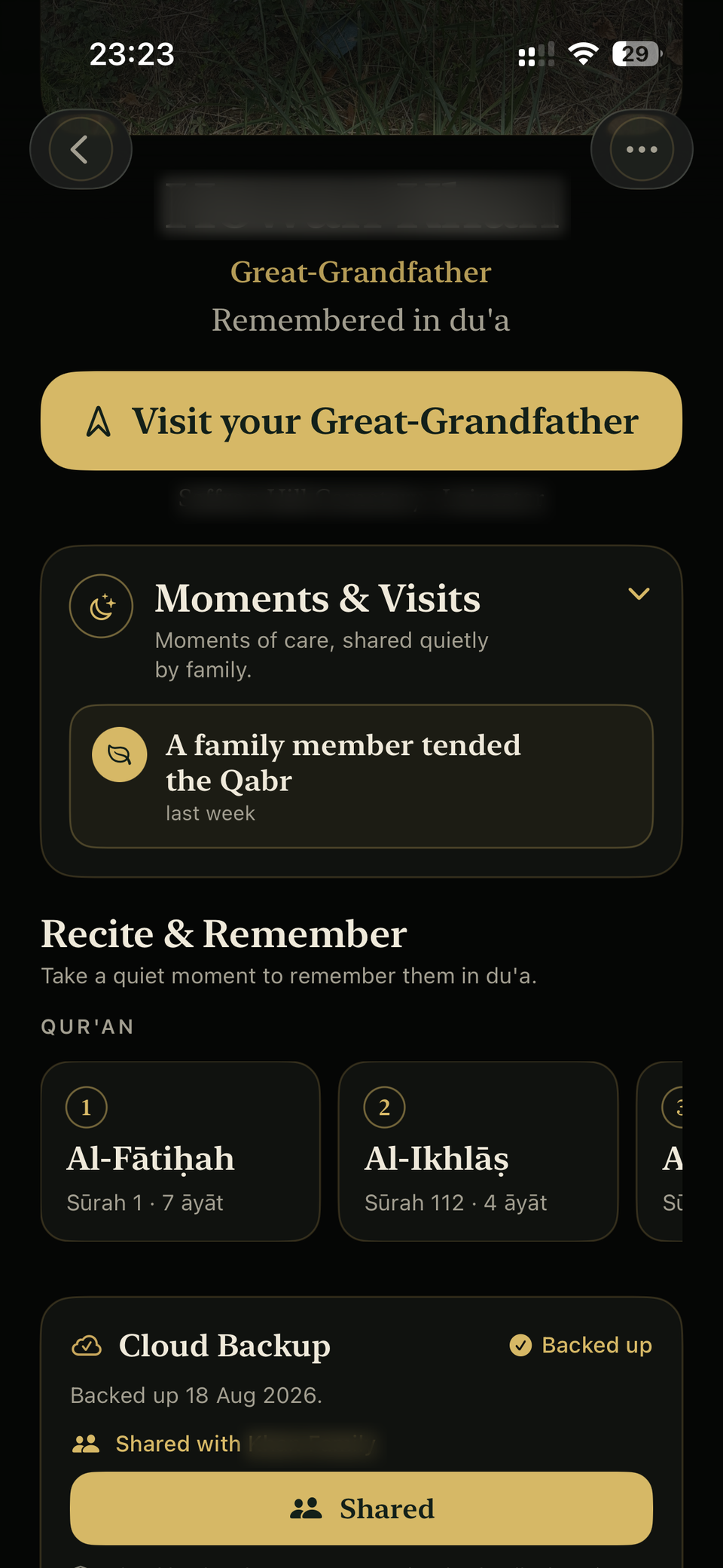 A Qabr profile with the Visit button, Moments & Visits, Recite & Remember and Cloud Backup