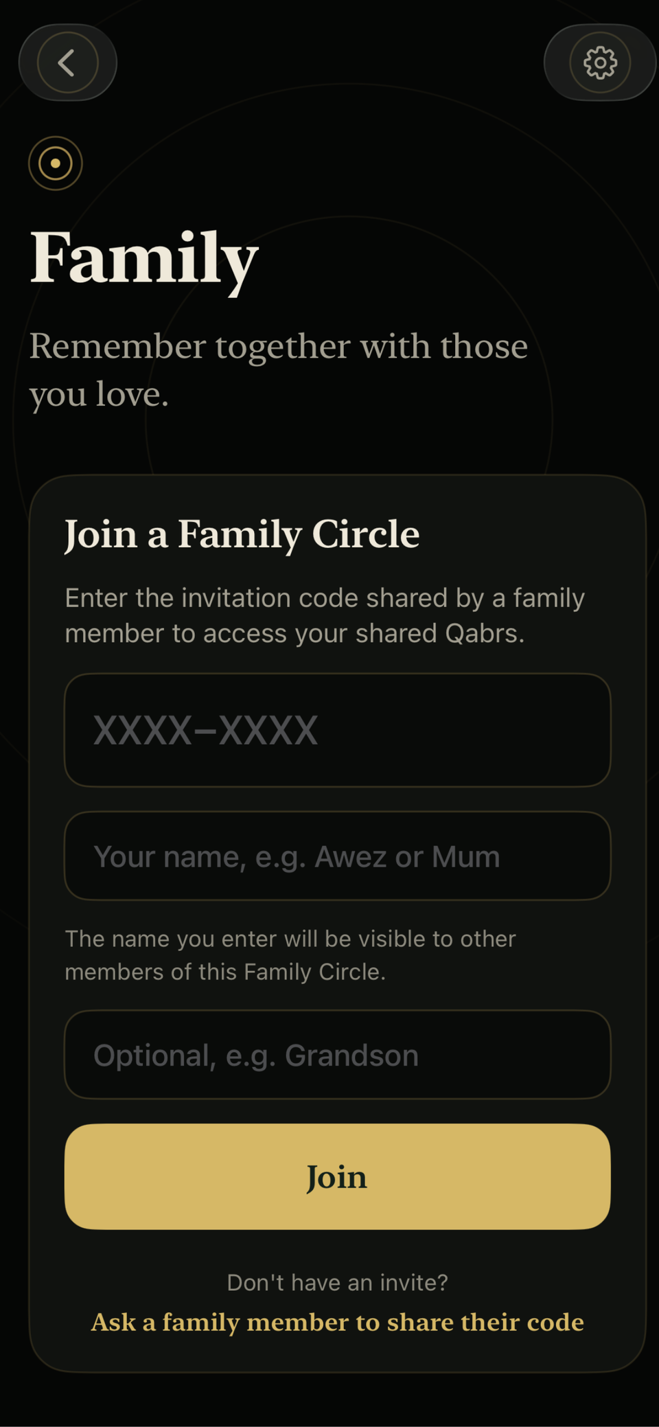 Family Circle: joining a circle with an invitation code and a display name